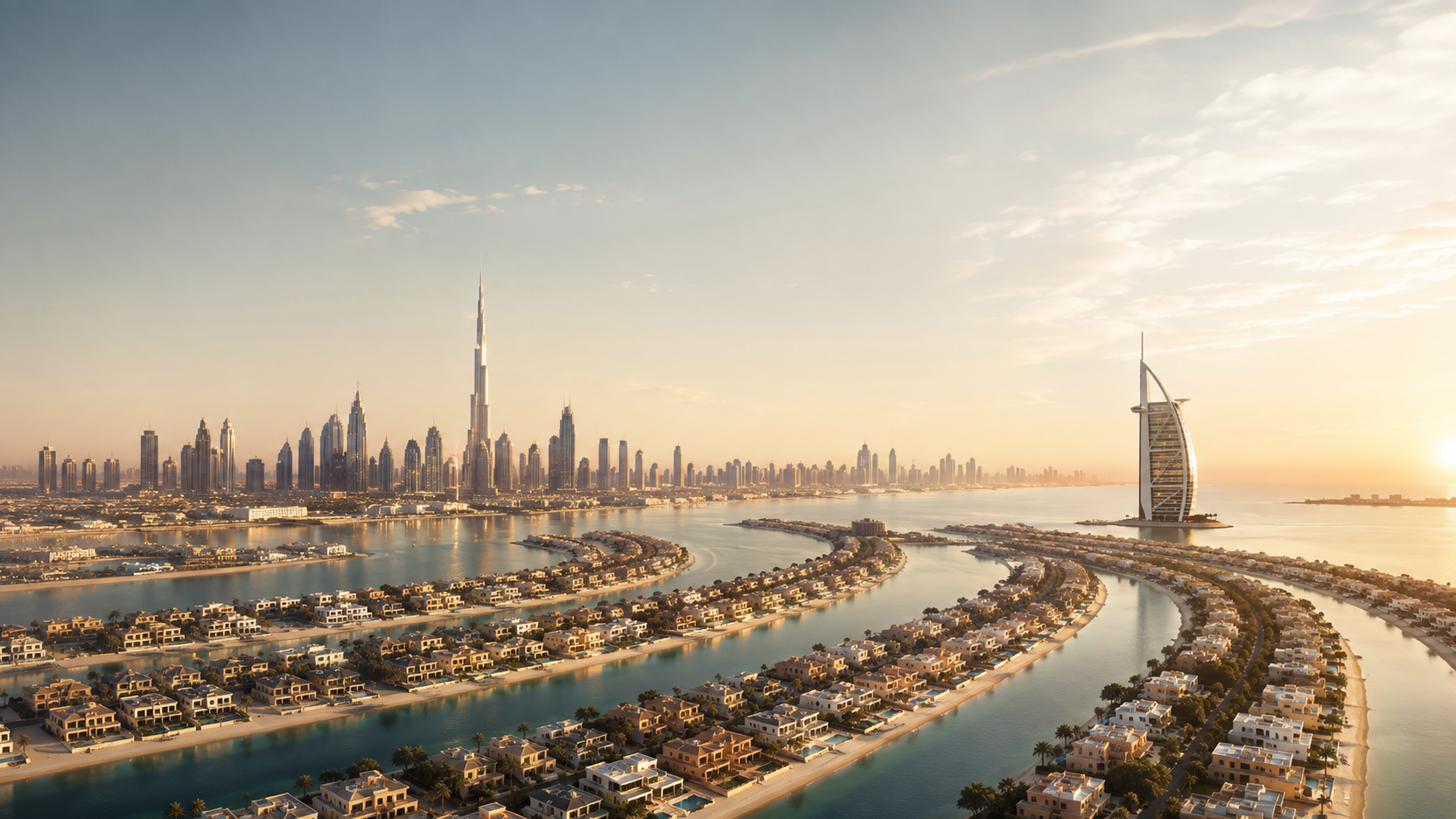 Luxury villas on Palm Jumeirah with Burj Khalifa and Burj Al Arab
